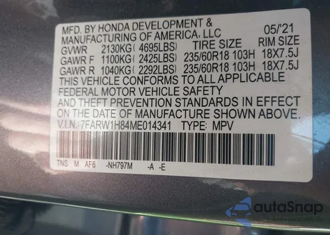 2021 Honda Cr-V 2Wd Ex-L z USA, uszkodzony, nr VIN 7FARW1H84ME014341